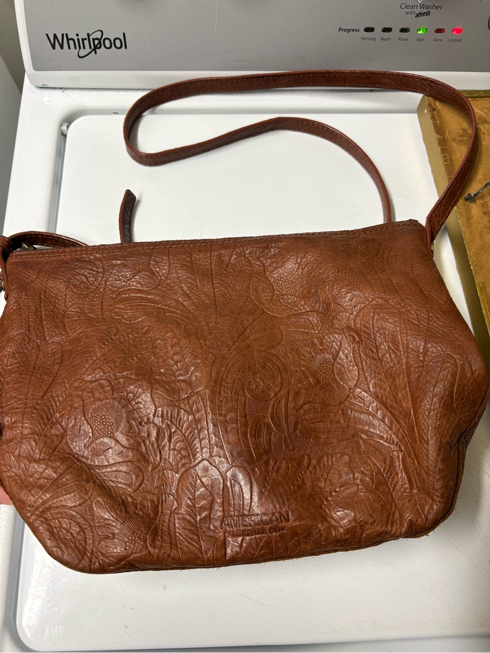 Embossed Leather Shoulder Bag in Cognac Brown